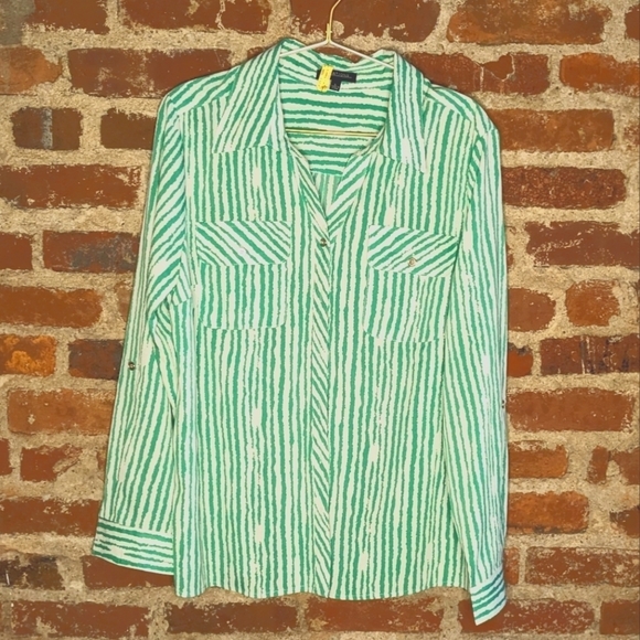Notations Large Green‎ & White Vertical Striped Long Sleeve Button Down Shirt - Picture 1 of 11